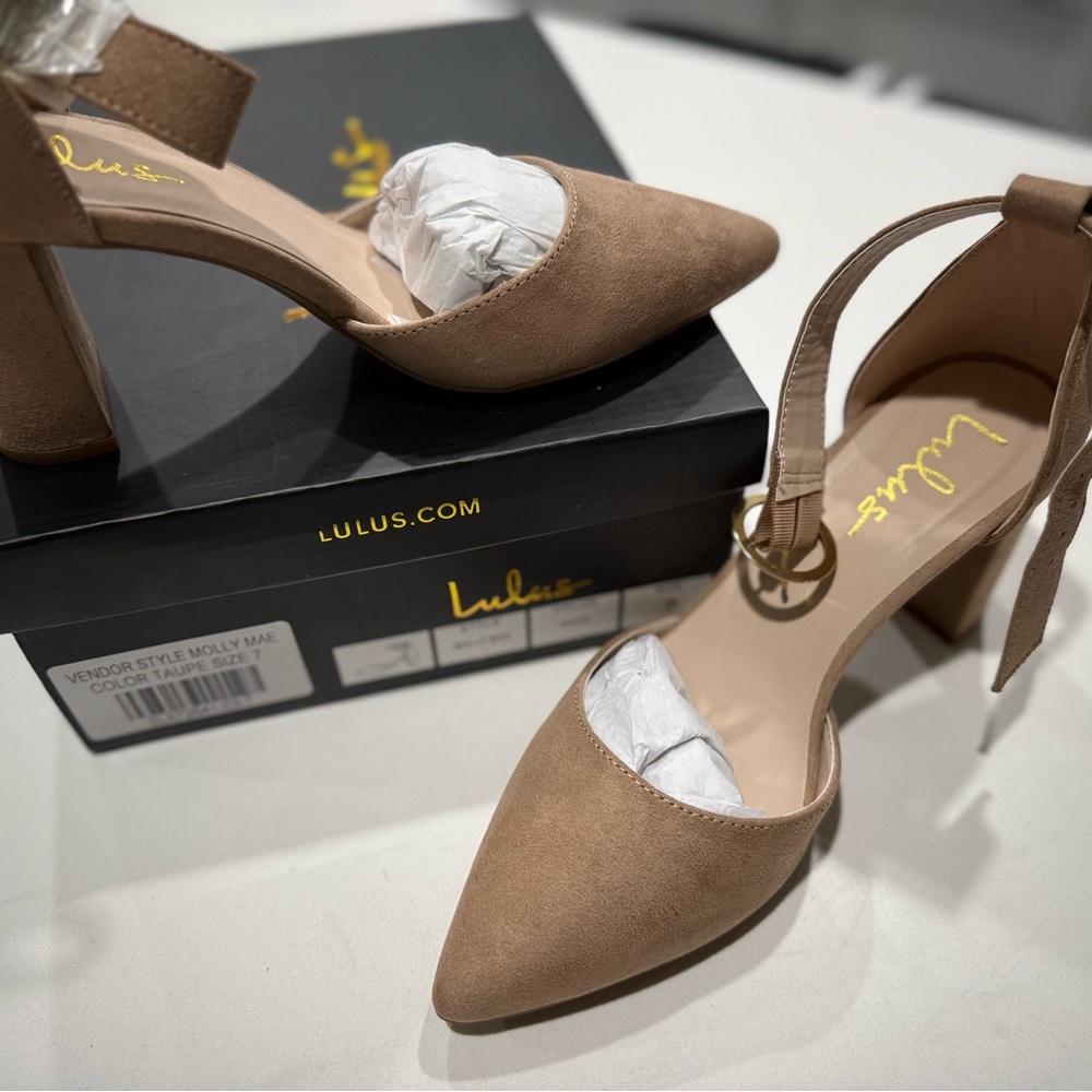 Lulus Molly Mae Taupe Suede Pointed-Toe Ankle Strap Pumps